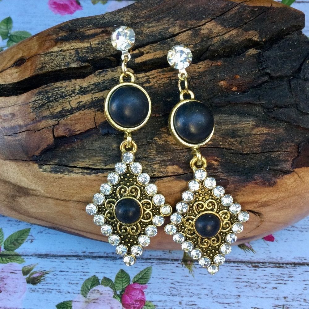 Southwest Post Earring Black Faux Stone Clear Crystals Antique Gold Tone Boho
